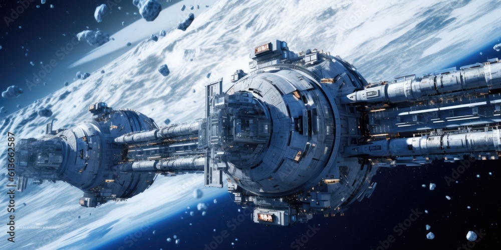 a space station in orbit above a frozen planet, horizontal format, professional photography in a Sci-Fi-themed, JPG. Generative AI a space station in orbit above a frozen planet, horizontal format, professional photography in a Sci-Fi-themed, JPG. Generative AI