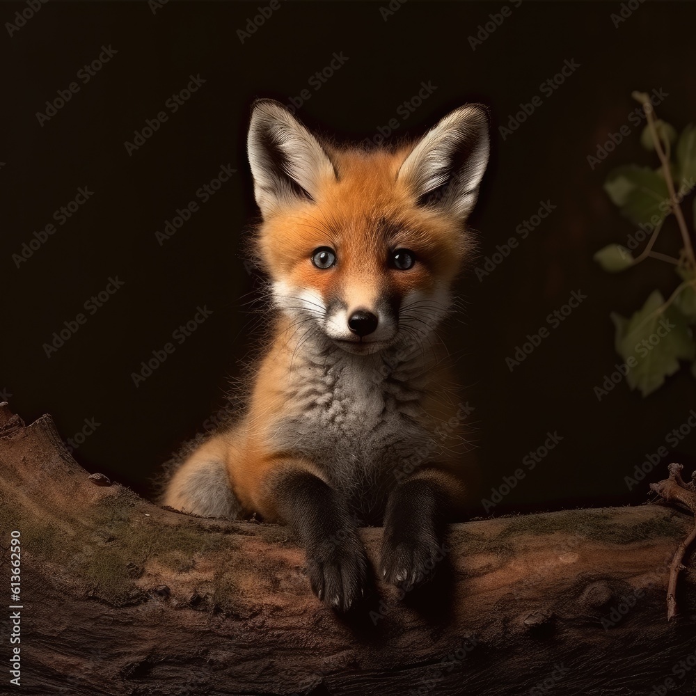 Fototapeta premium Red fox cub, Cute little wild predators in natural environment.