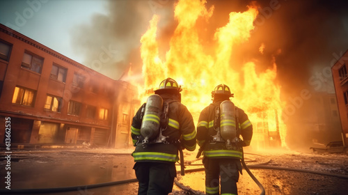 Fireman extinguish fire with the hose, Firefighter and industrial safety concept.