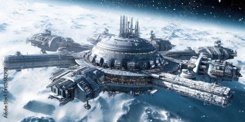 Fototapeta Naklejka Na Ścianę i Meble -  a space station in orbit above a frozen planet, horizontal format, professional photography in a Sci-Fi-themed, JPG. Generative AI