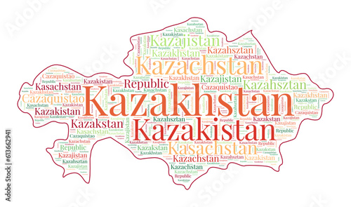 Kazakhstan shape filled with country name in many languages. Kazakhstan map in word cloud style. Authentic vector illustration.