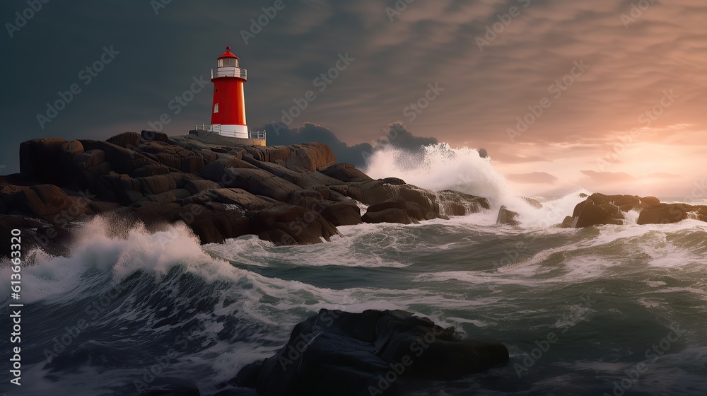 Red and white lighthouse on the rocks with strong sea wave night A professional photography should use a high - quality Generative AI