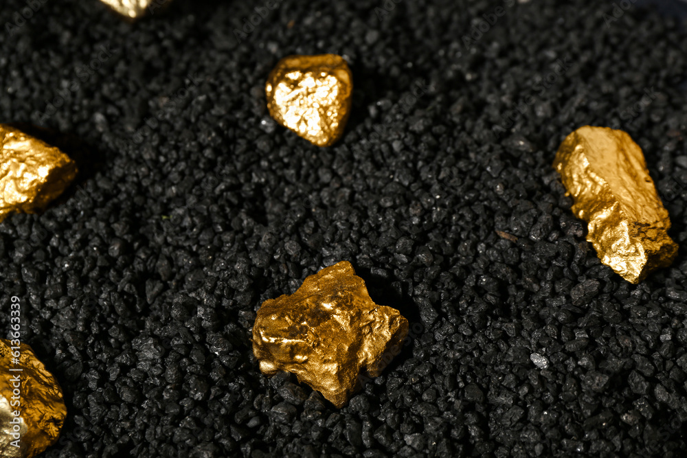 Golden nuggets on black coal, closeup Golden nuggets on black coal, closeup