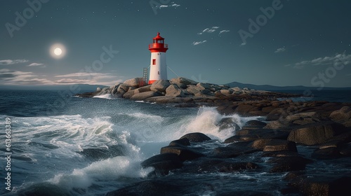 Red and white lighthouse on the rocks with strong sea wave night A professional photography should use a high - quality Generative AI