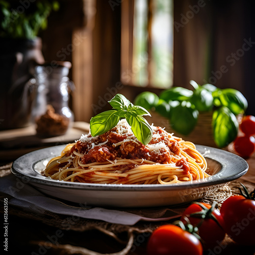 Traditional italian spaghetti bolognese on a black plate on a dark slate, stone or concrete background. Top view with copy space. AI generated