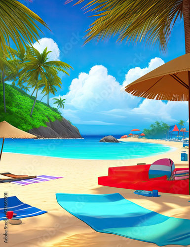 Illustration of Beach in the summer vacations, day scene, AI Generative © zsuriel