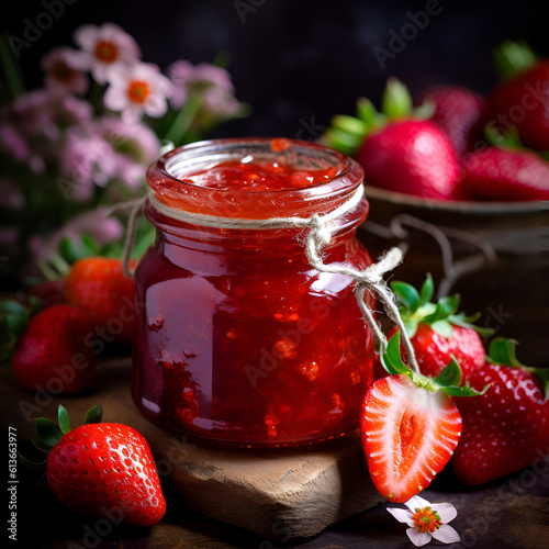 Strawberry jam in the glass jar with fresh berries. Artificial Intelligence