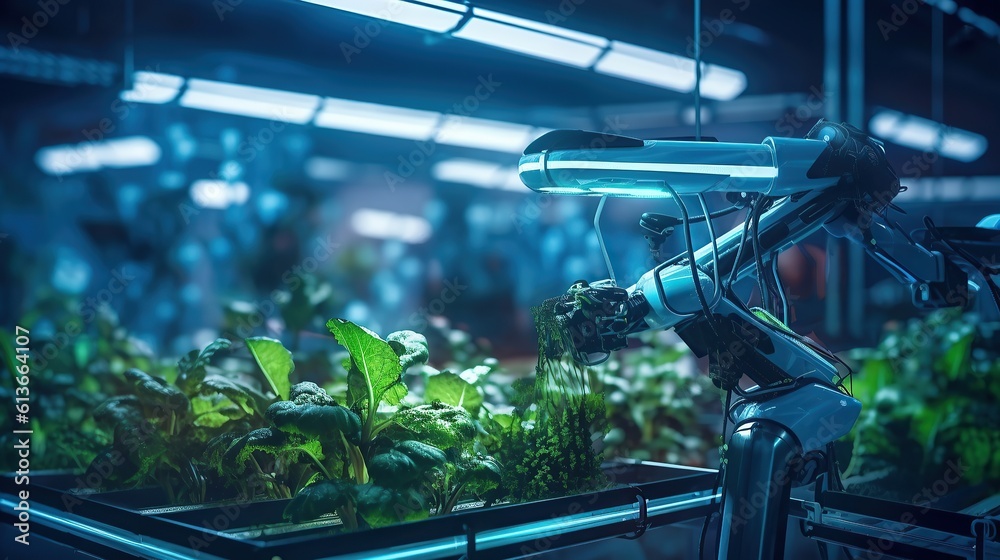 Smart farming agricultural technology robotic arm harvesting hydroponic lettuce in a greenhouse glow in night A professional photography should use a high - quality Generative AI