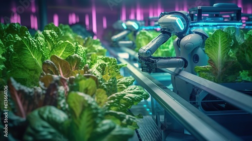 Smart farming agricultural technology robotic arm harvesting hydroponic lettuce in a greenhouse glow in night A professional photography should use a high - quality Generative AI