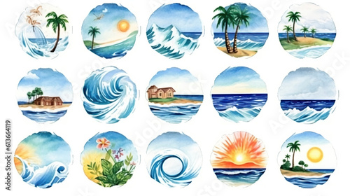 watercolor stickers set of summer sea beach harbour port elements, generative ai