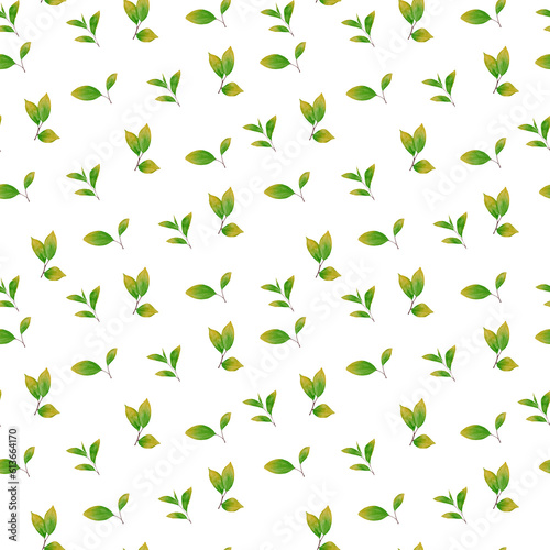 Seamless pattern with watercolor green leaves