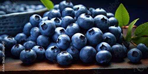 Wallpaper Mural delicious Blueberries on a wooden block and in a wooden bowl, Food-themed, horizontal format in JPG. Generative AI Torontodigital.ca