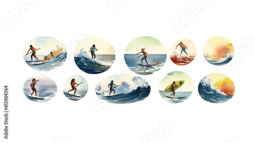 watercolor stickers set of summer sea beach harbour port elements, generative ai