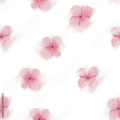 Watercolor pink flowers on white seamless pattern.