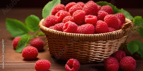 delicious Raspberries in a straw basket, Food-themed, horizontal format in JPG. Generative AI