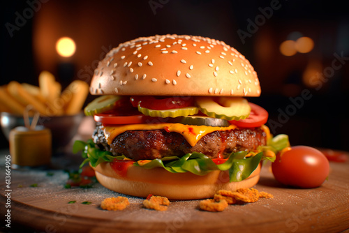 Appetizing big burger beef. Generative AI. Burger day. Tasty gourmet hamburger on wooden table. Close-up.