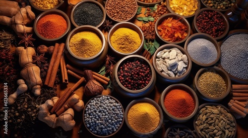  various exotic Spices from around the world, International cuisine, graphic resources, Food-themed, Horizontal format in JPG. Generative AI