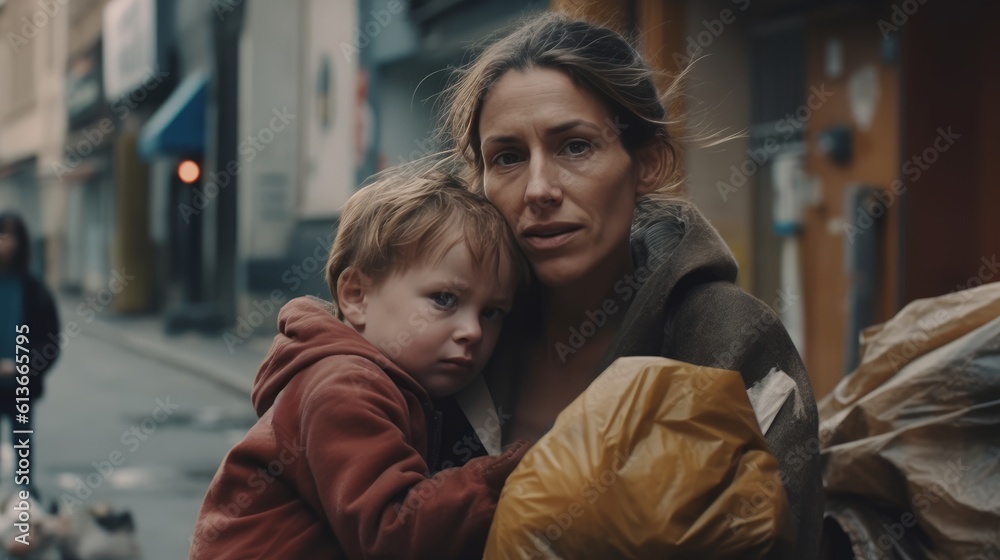 A poor mom hugging her son in the street, homeless, war victims, hope and faith