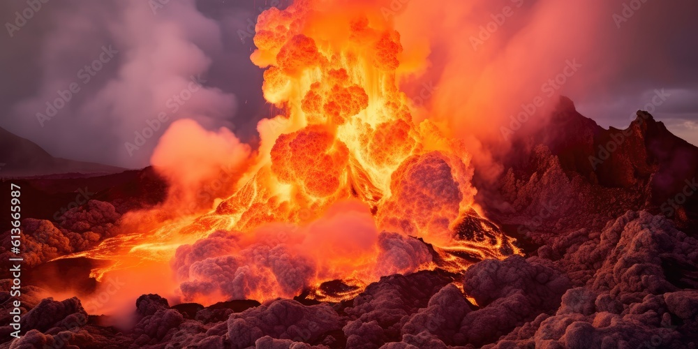 Violent Volcanic Eruptions, with fire lave and smoke Nature-themed, horizontal format in JPG. Generative AI Violent Volcanic Eruptions, with fire lave and smoke Nature-themed, horizontal format in JPG. Generative AI