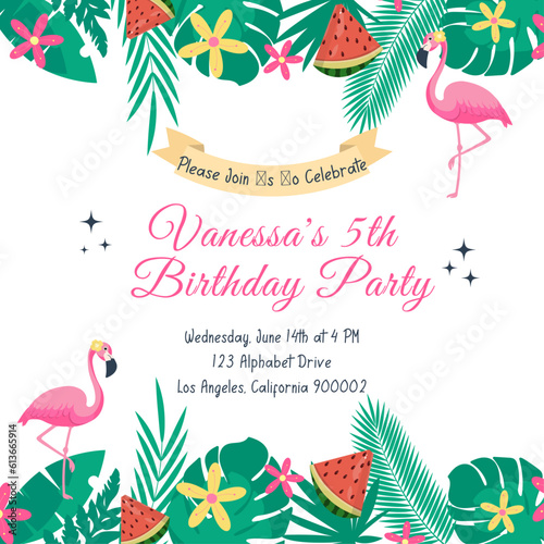 Birthday party invitation card with flamingos, tropical leaves and flowers.