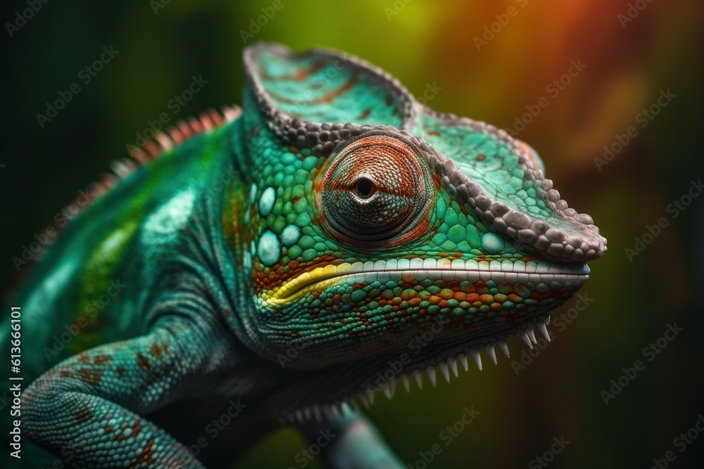 Green colored chameleon close up. AI generated, human enhanced