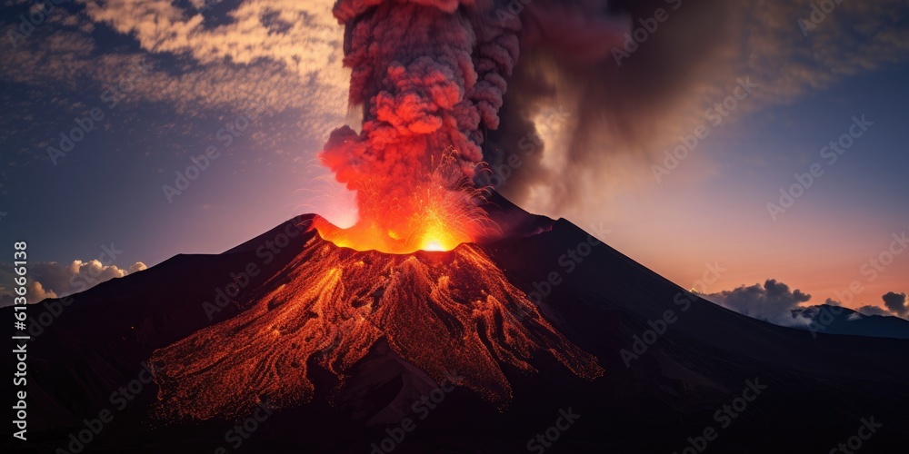 Violent Volcanic Eruptions, with fire lave and smoke Nature-themed, horizontal format in JPG. Generative AI