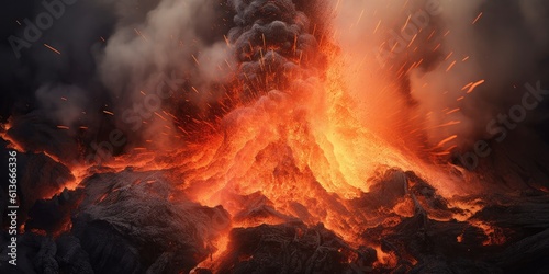 Violent Volcanic Eruptions, with fire lave and smoke Nature-themed, horizontal format in JPG. Generative AI