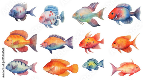 watercolor stickers set of under water life  ai generative