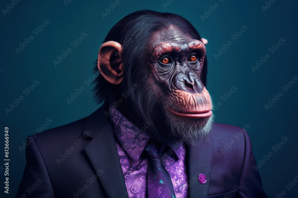 Anthropomorphic chimp dressed in a suit like a businessman. business concept. AI generated, human enhanced Anthropomorphic chimp dressed in a suit like a businessman. business concept. AI generated, human enhanced