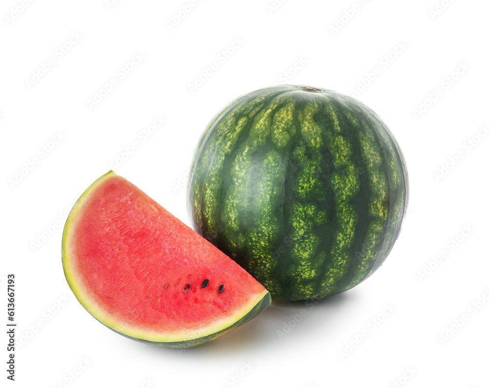 Fresh watermelon and piece on white background Fresh watermelon and piece on white background