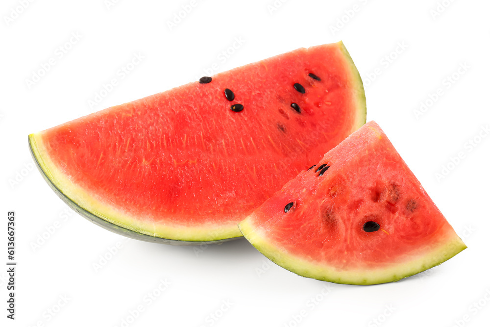 Pieces of fresh watermelon on white background