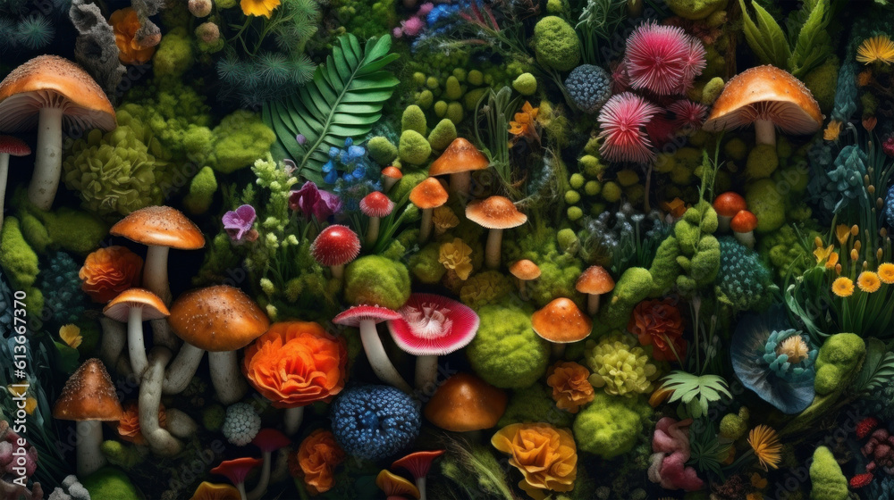 magical mushroom garden - vivid and vibrant mushrooms in a magical forest wallpaper art