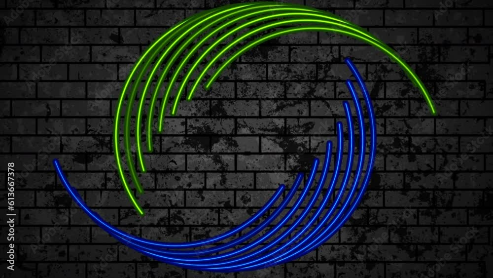 Blue green neon curved lines on black brick grunge wall. Abstract ...