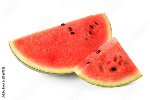 Pieces of fresh watermelon on white background