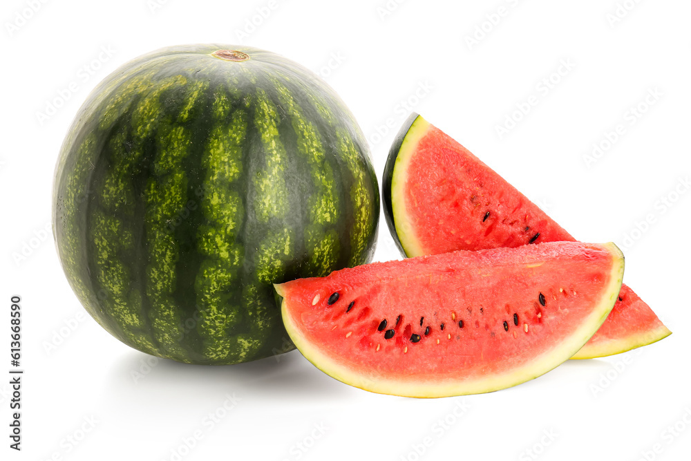Fresh watermelon with pieces on white background Fresh watermelon with pieces on white background