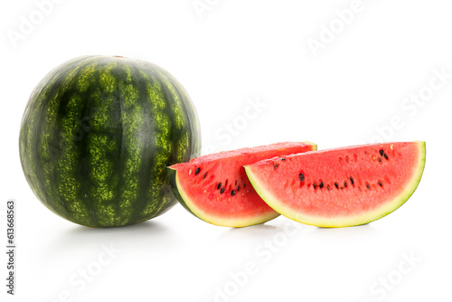 Fresh watermelon with pieces on white background