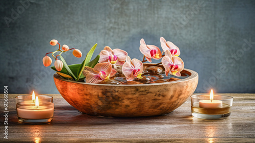 wellness design with orchids and swimming candels burning in a bowl on a wooden table in side view