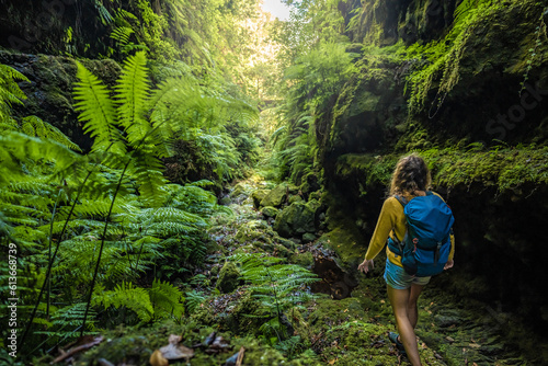 Backpacker woman walking on a fern covered gorge with old bridge somewhere in Madeiran rainforest in the morning. Levada of Caldeirão Verde, Madeira Island, Portugal, Europe.