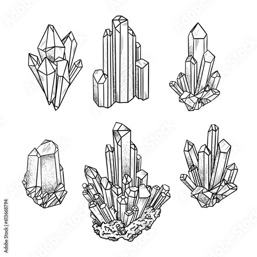 Set of geometric black outline crystals Vector illustration isolated on white background. Alternative medicine, magic, crystal healing, astrology
