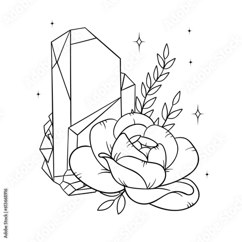 Vector line art mystical celestial magic witchcraft elements. Esoteric crystals, peony roses, stars, leaves, line art.