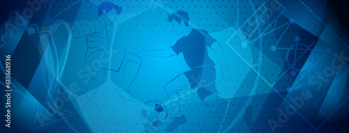 Abstract soccer background with a football players kicking the ball and other sport symbols in blue colors