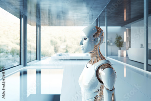 AI robot helper servant in luxury modern design home. Generative AI.