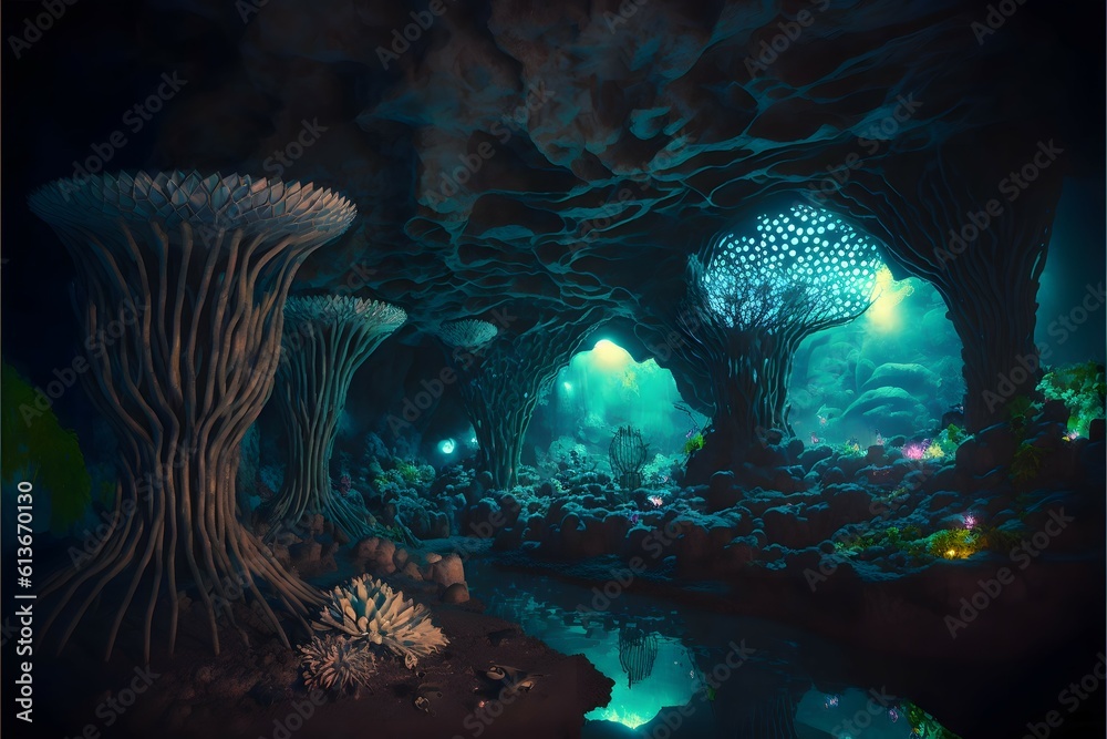 ancient alien CITY carved out of a giant ancient cavern, ultra modern