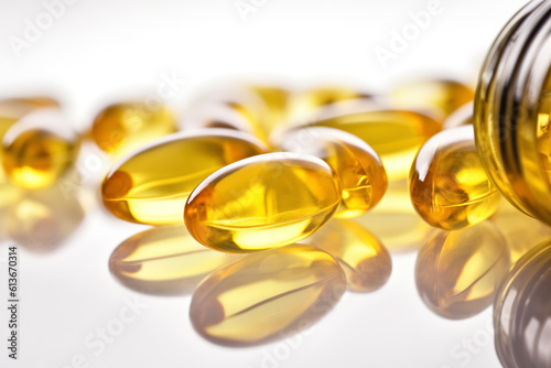 Fish oil omega-3 food supplement, close-up.