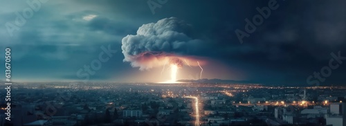 huge natural disaster or nuclear explosion mushroom cloud effect over city skyline for apocalyptical aftermath of nuclear attach or the use of mass destruction weapons - Generative AI