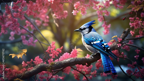 a blue jay drinking from water feeder hanging in a tree branch with rich colored pink flowers © Boraryn