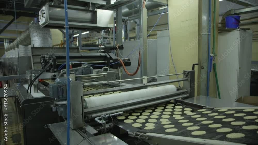 static wide shot of cookies on a conveyor line going into an oven in a food factory static wide shot of cookies on a conveyor line going into an oven in a food factory