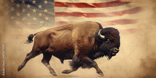 a Bull Buffalo running in front of a vintage American Flag, dust churning Patriotic-themed, Horizontal format in JPG. Generative AI