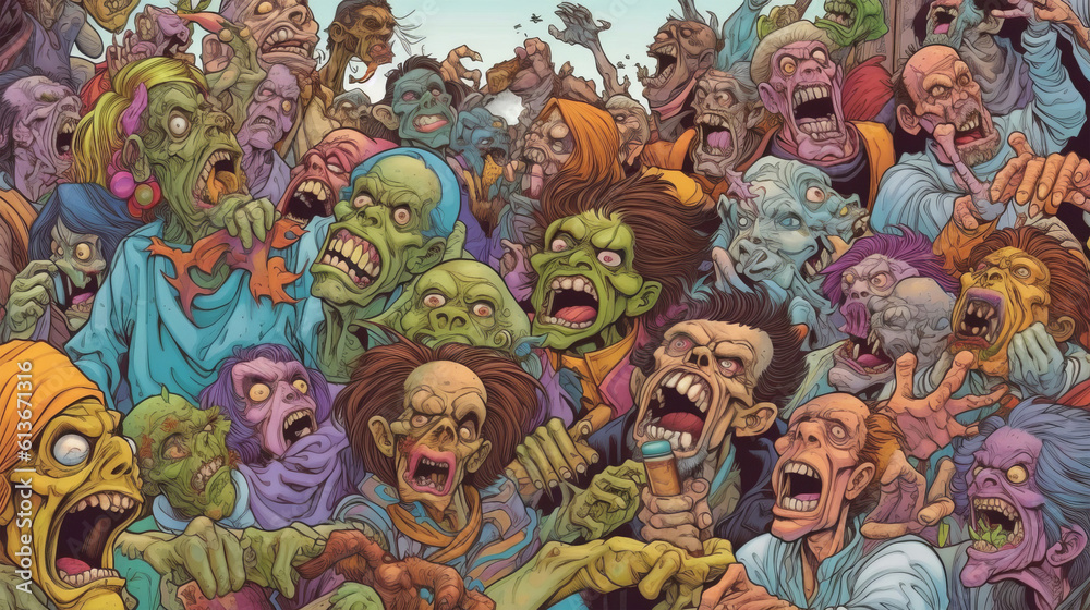 Crowd of colorful zombies, Scarry Halloween art wallpaper