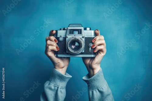 World Photographer's Day. Hold the retro camera in your hand on a neutral background. Printing on paper and textiles. Greeting cards for the holiday photos. generative ai